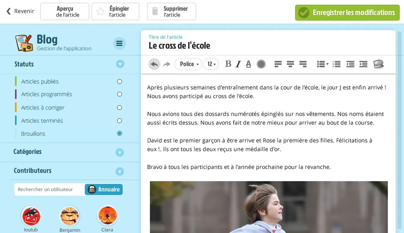 Le module blog de Beneylu School : navigation à gauche, contenu à droite, actions en haut