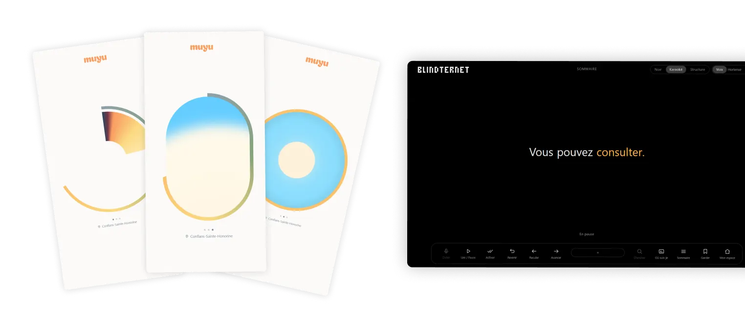Trois écrans de Muyu et l’interface de Blindternet