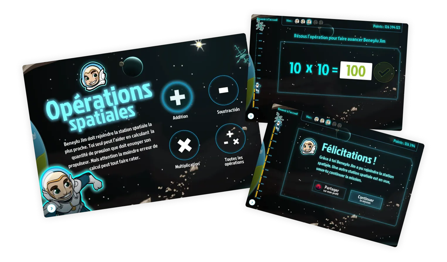 Trois écrans de l’activité Opérations spatiales